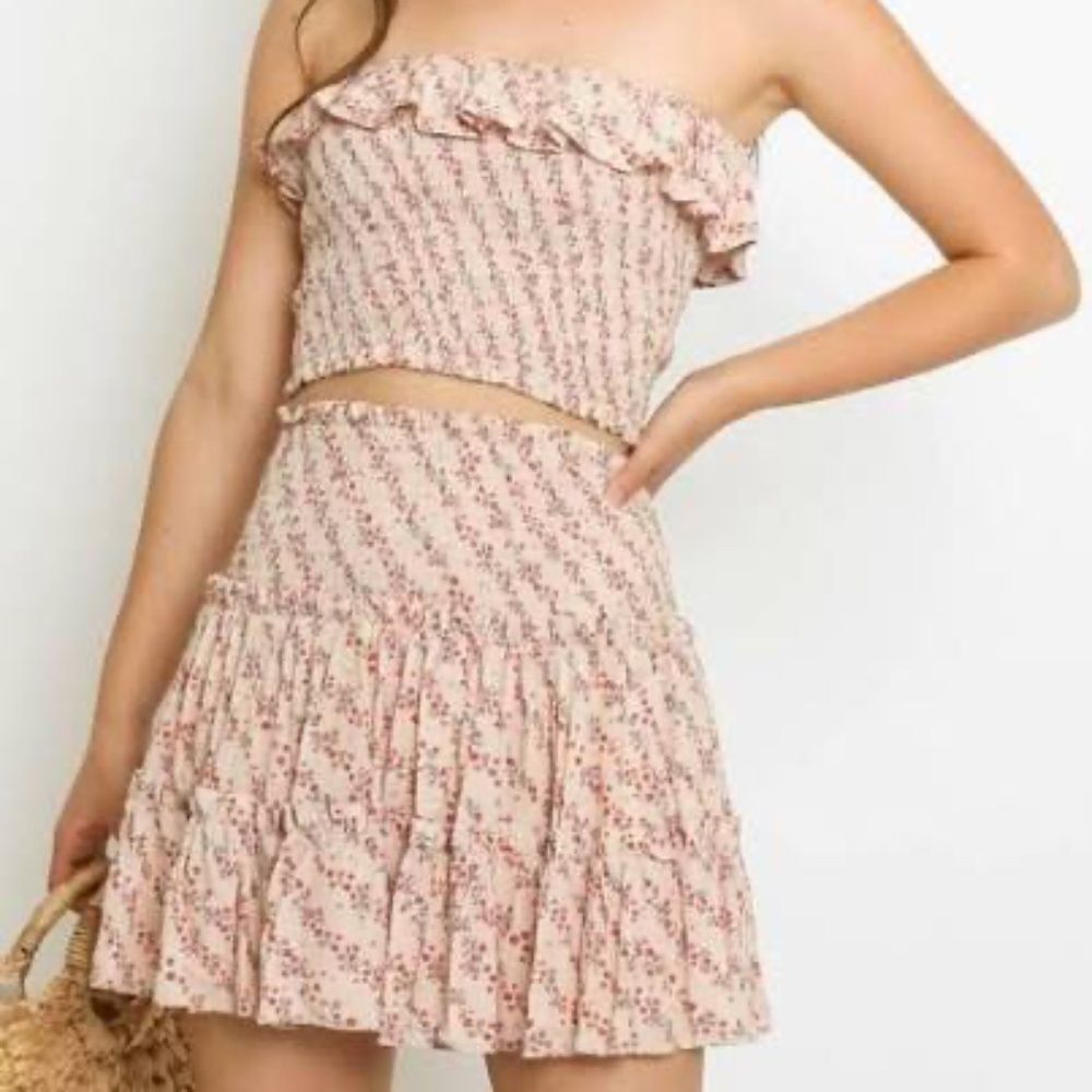 Floral Off-Shoulder Top and Skirt Set - OLIVACEOUS (CREAM SET) - Size Medium